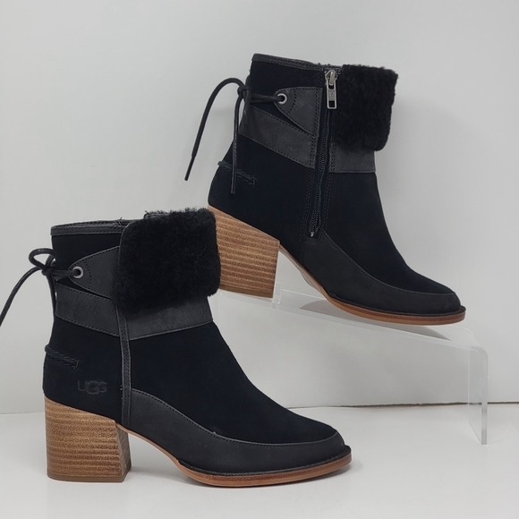 UGG Women's Wedge Block Boots Lace Up Shearling Suede 1104863 Size 6 Pre-owned - Picture 1 of 10
